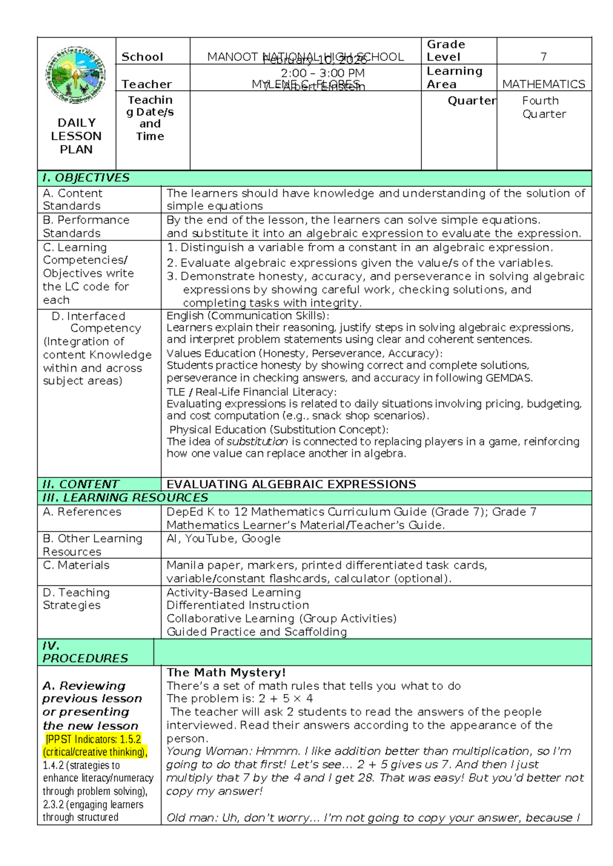 Grade 7 Mathematics Daily Lesson Plan: Evaluating Algebraic Expressions ...