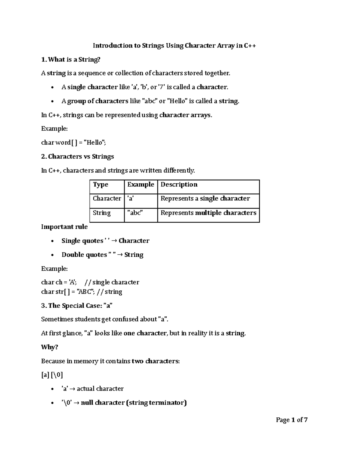 String in C++ - Lecture Notes on Character Arrays and Strings - Studocu