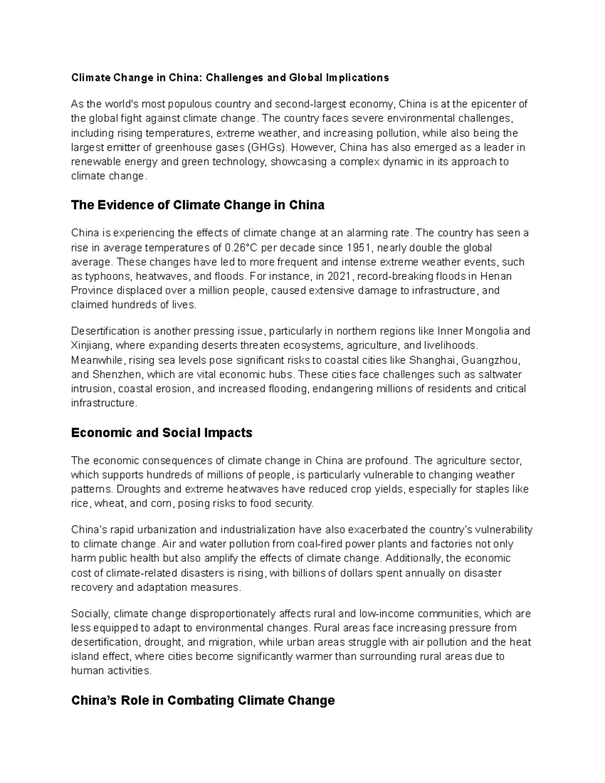 Climate Change in China Challenges and Global Implications - The ...
