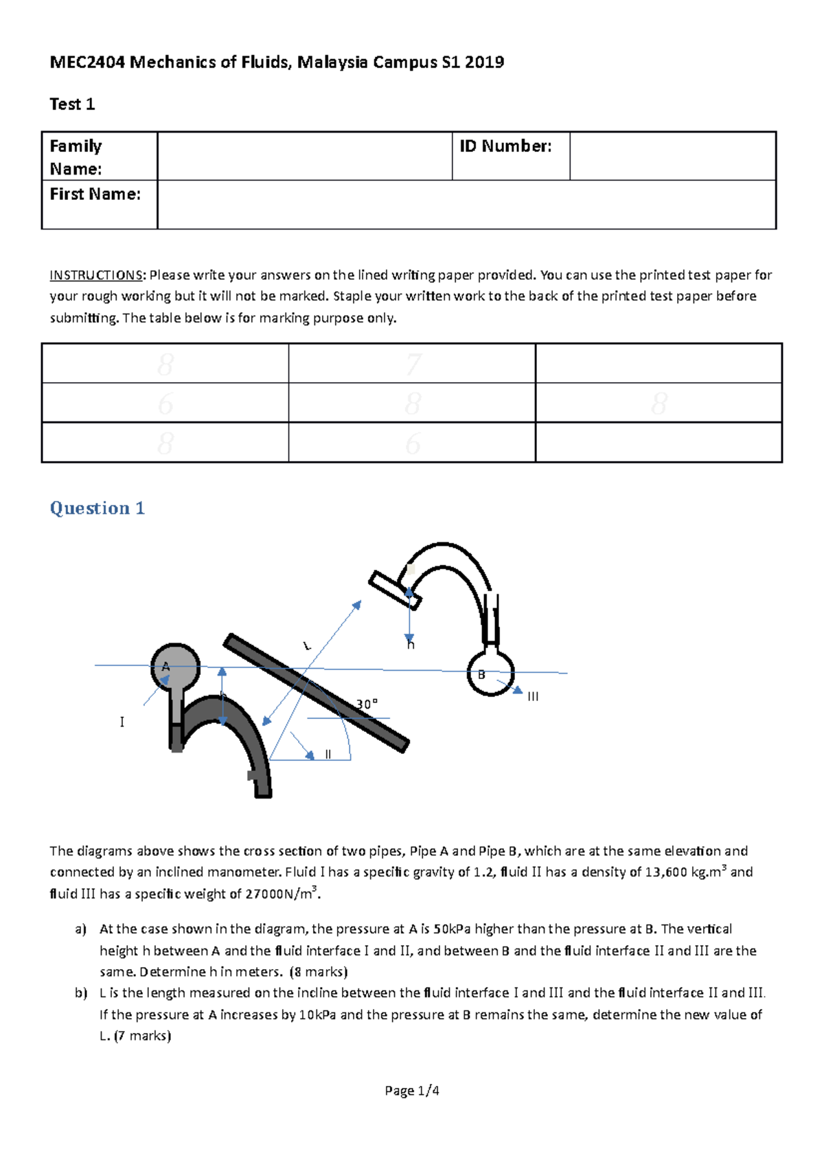 MEC2404 S1 2019 - Fluid Mechanics Test 1 Past Year Paper - Studocu