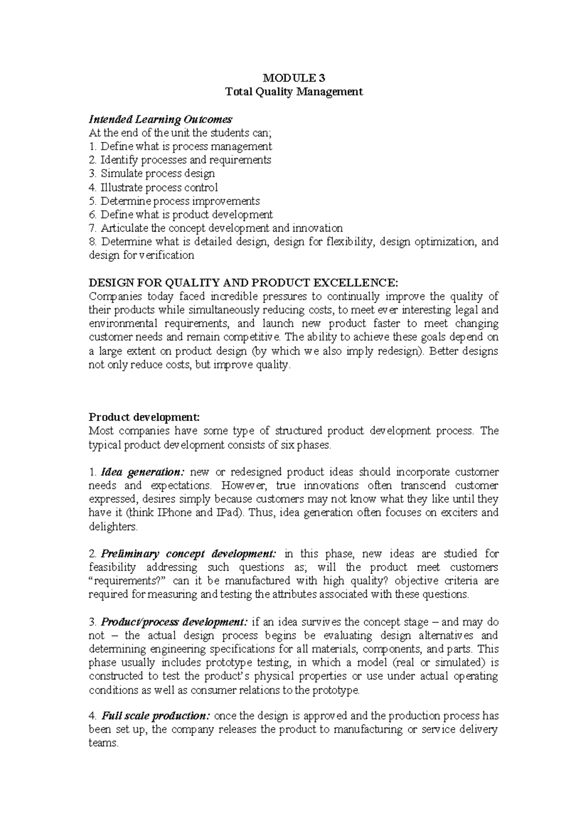 Module 3 TQM - Lecture Notes on Process Management & Product Design ...