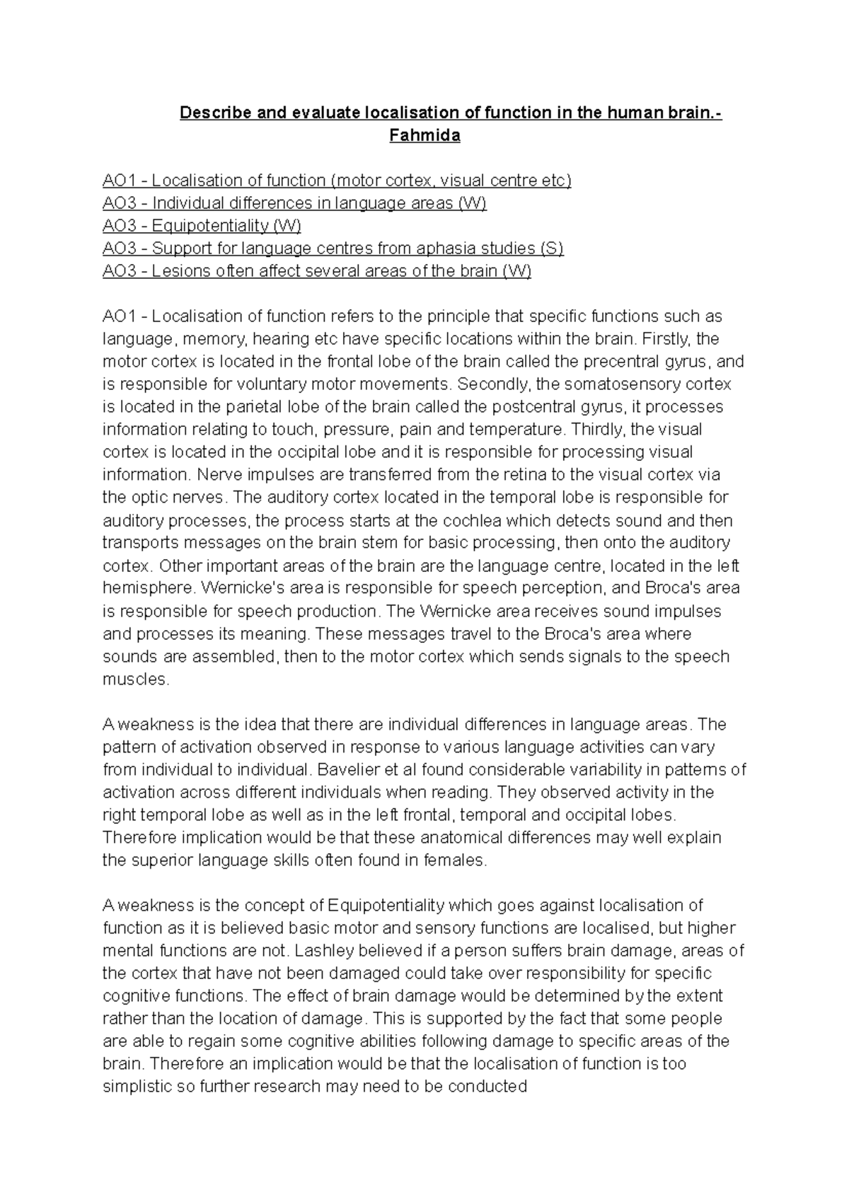 Localisation of Function in the Human Brain Essay - Describe and ...