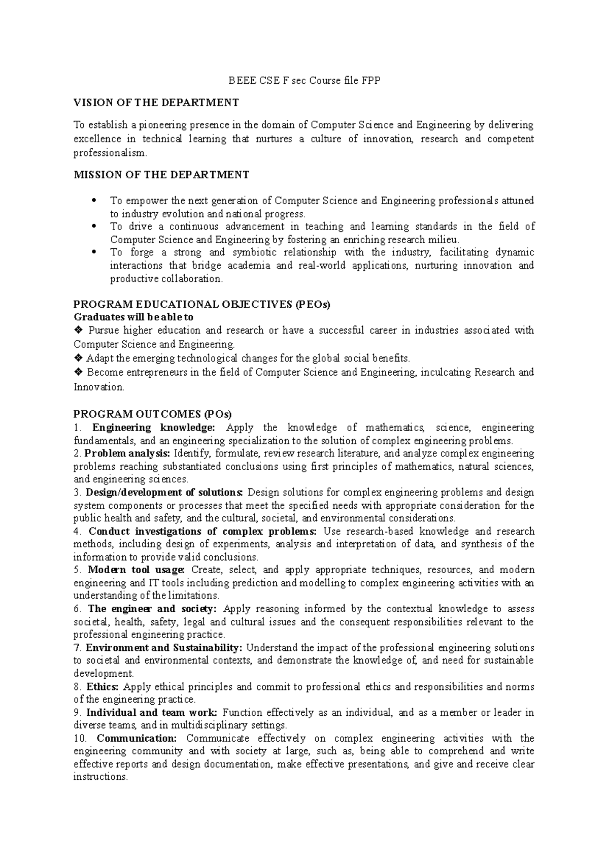 BEEE CSE F Sec Course File: Vision, Mission, and Program Outcomes - Studocu