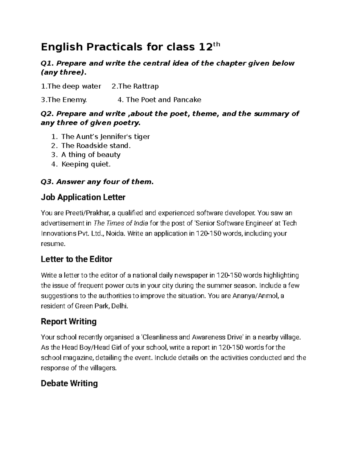English Practicals for Class 12: Chapter Summaries & Writing Tasks ...