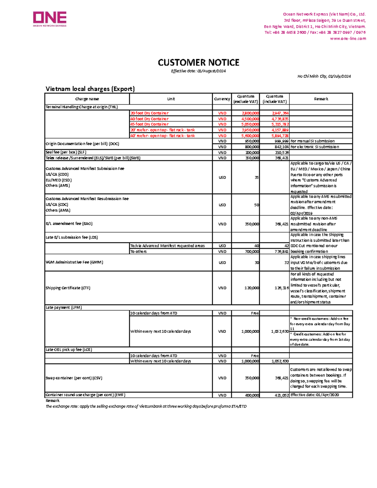 LCC ONE - Vietnam Local Charges for Export Services - Studocu