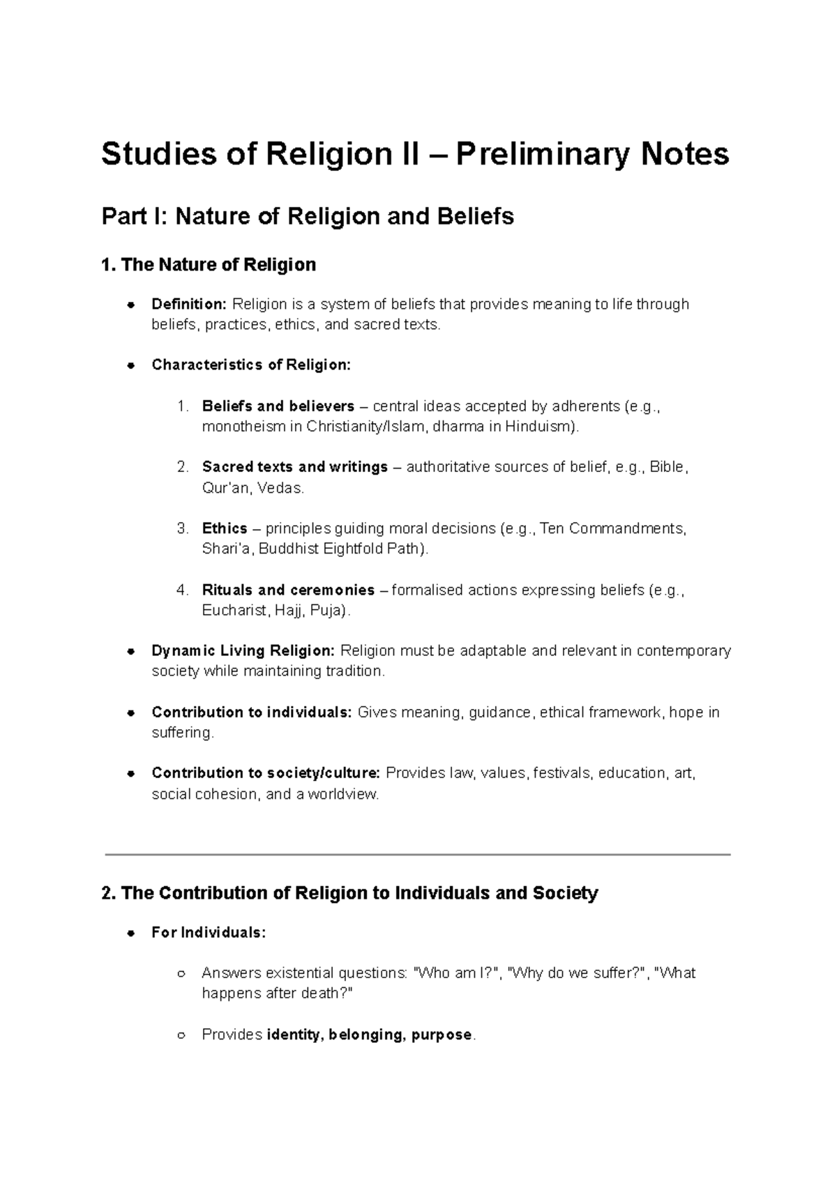 Studies of Religion II – Preliminary Notes on Nature & Beliefs - Studocu