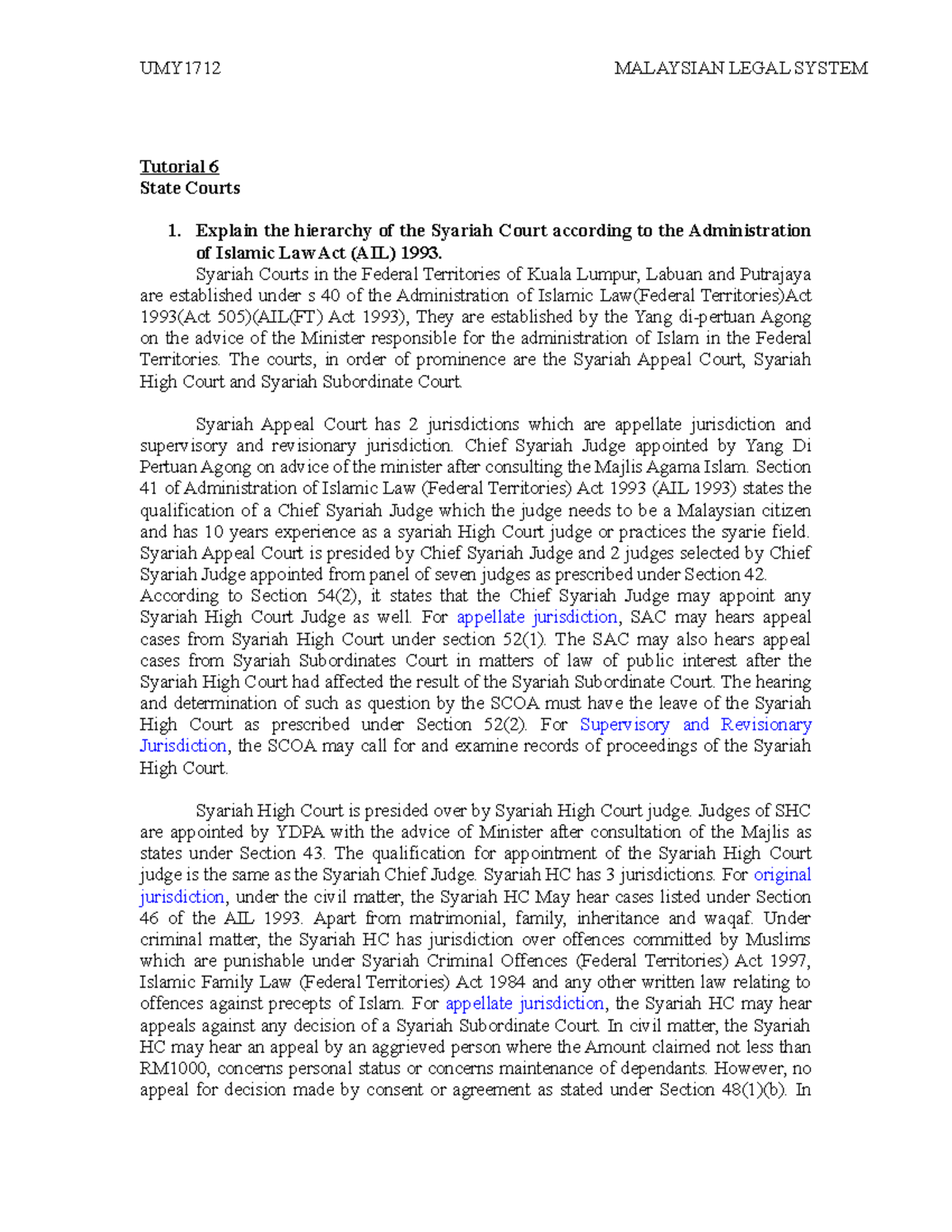 347307 Tutorial 6: Overview of Syariah Court Hierarchy and Jurisdiction ...