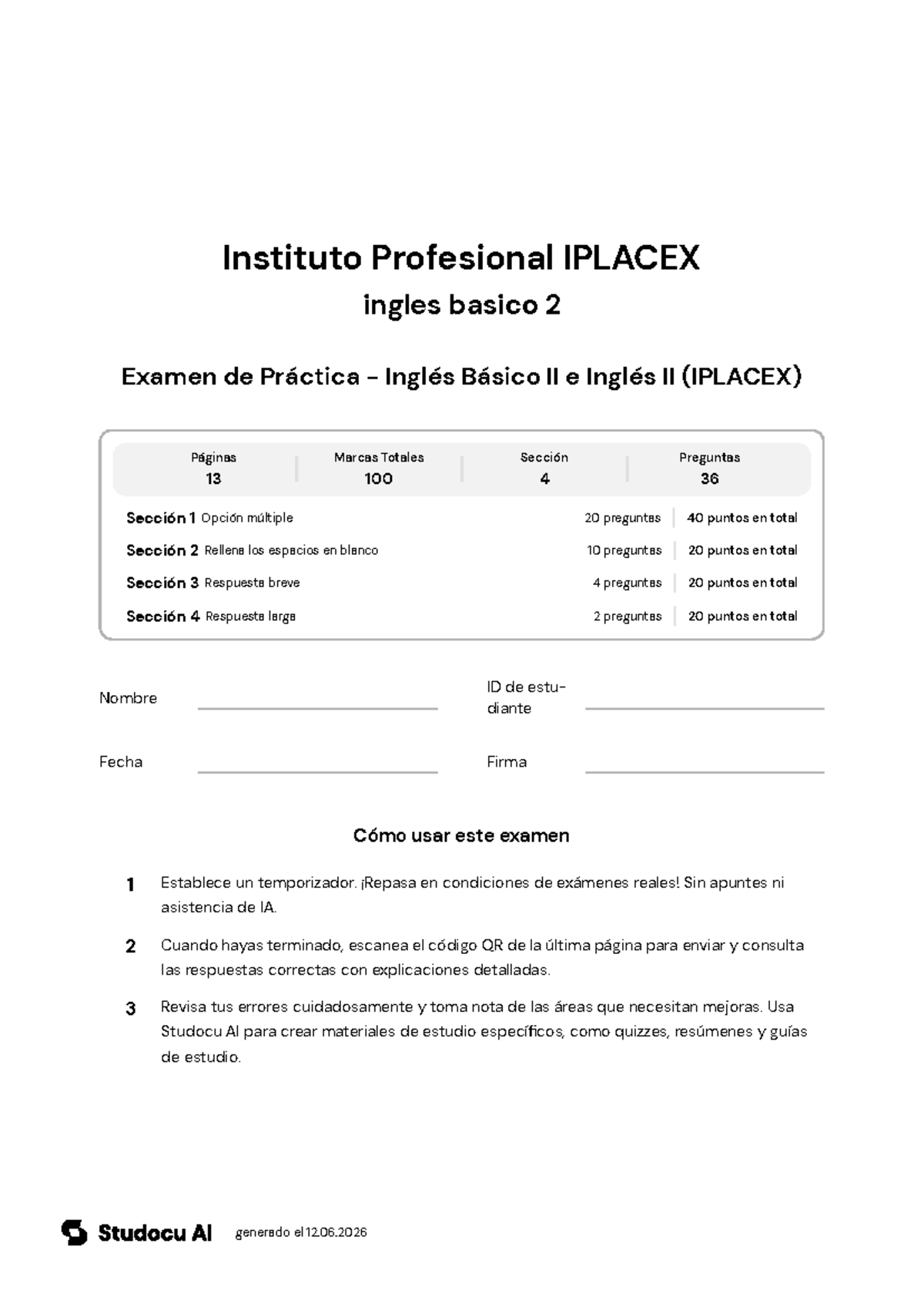 Examen de Práctica - Inglés Básico II e Inglés II - Studocu