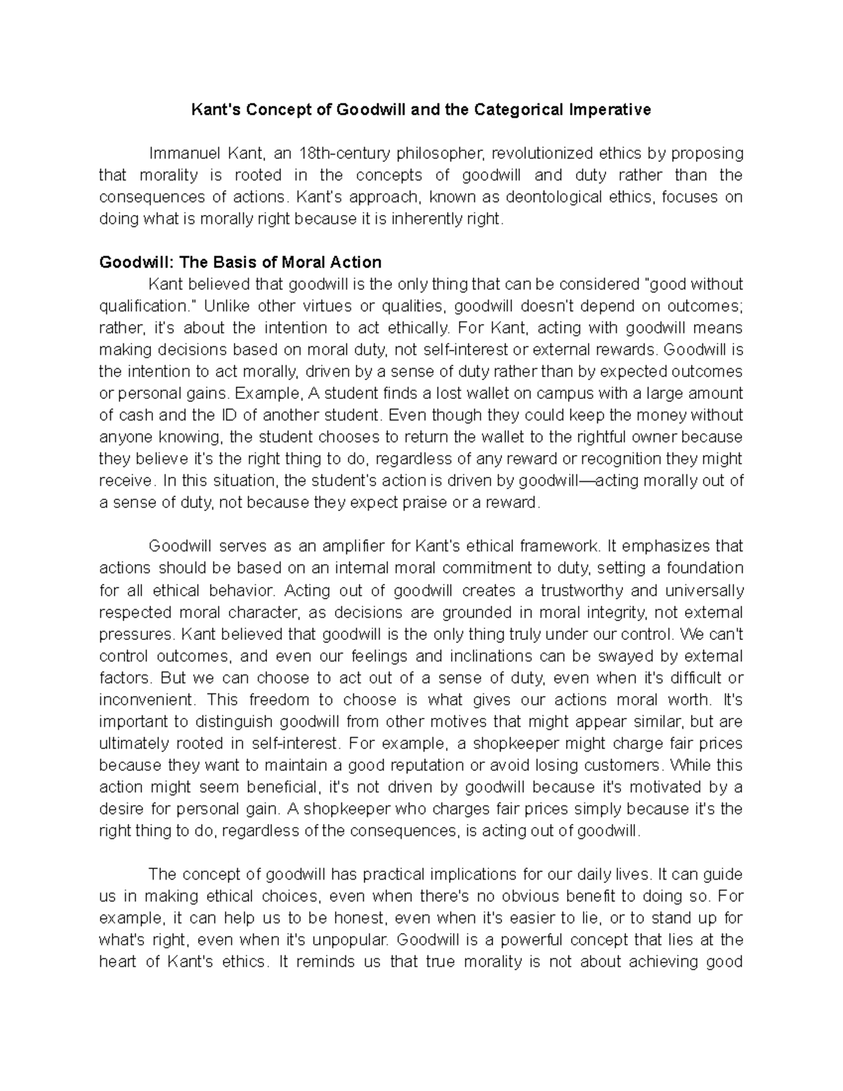 Immanuel Kant - Kant'sConceptofGoodwillandtheCategoricalImperative ...