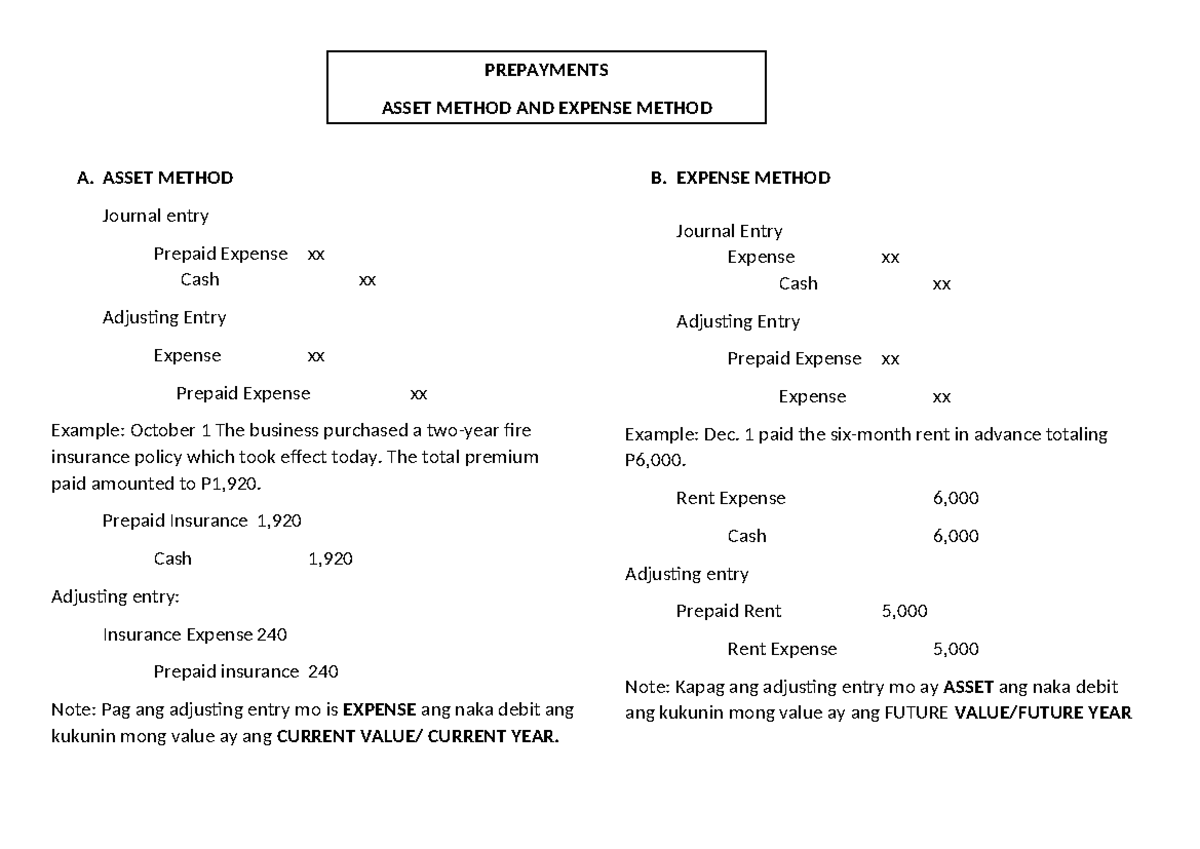 Adjusting Entries for Prepaid Expenses: Asset vs Expense Method - Studocu
