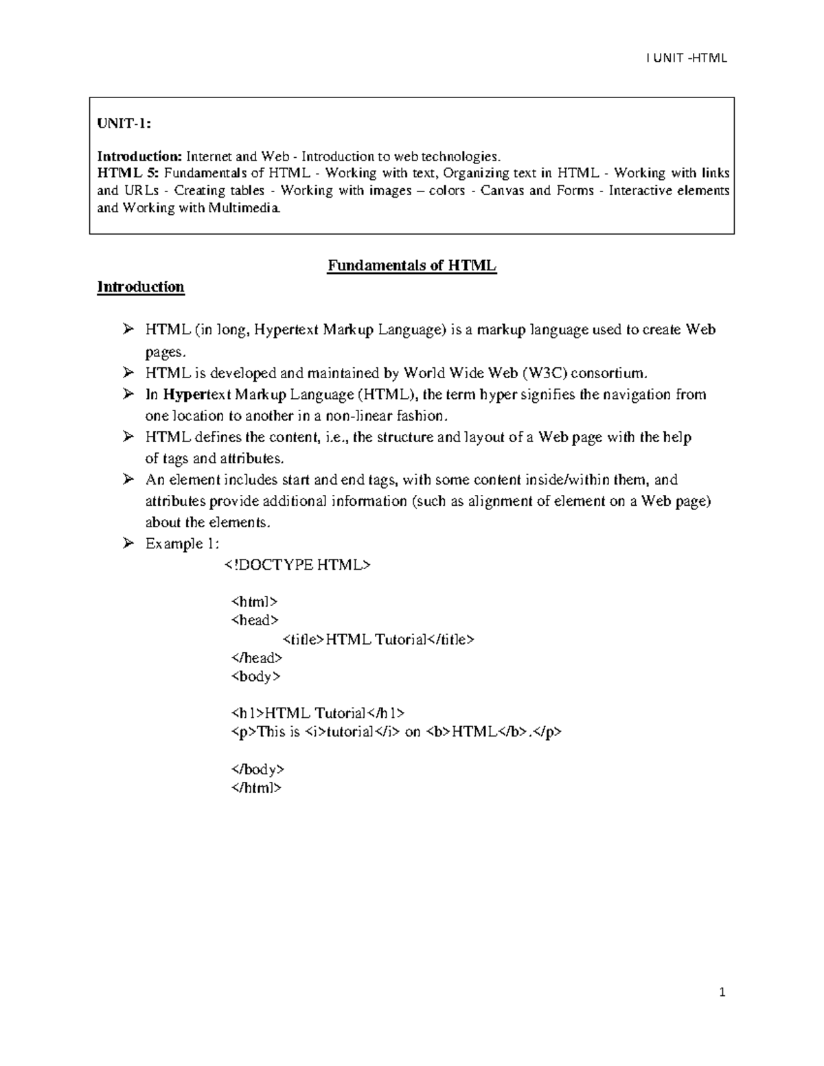 I UNIT WT-1: Introduction to Web Technologies and HTML Fundamentals ...