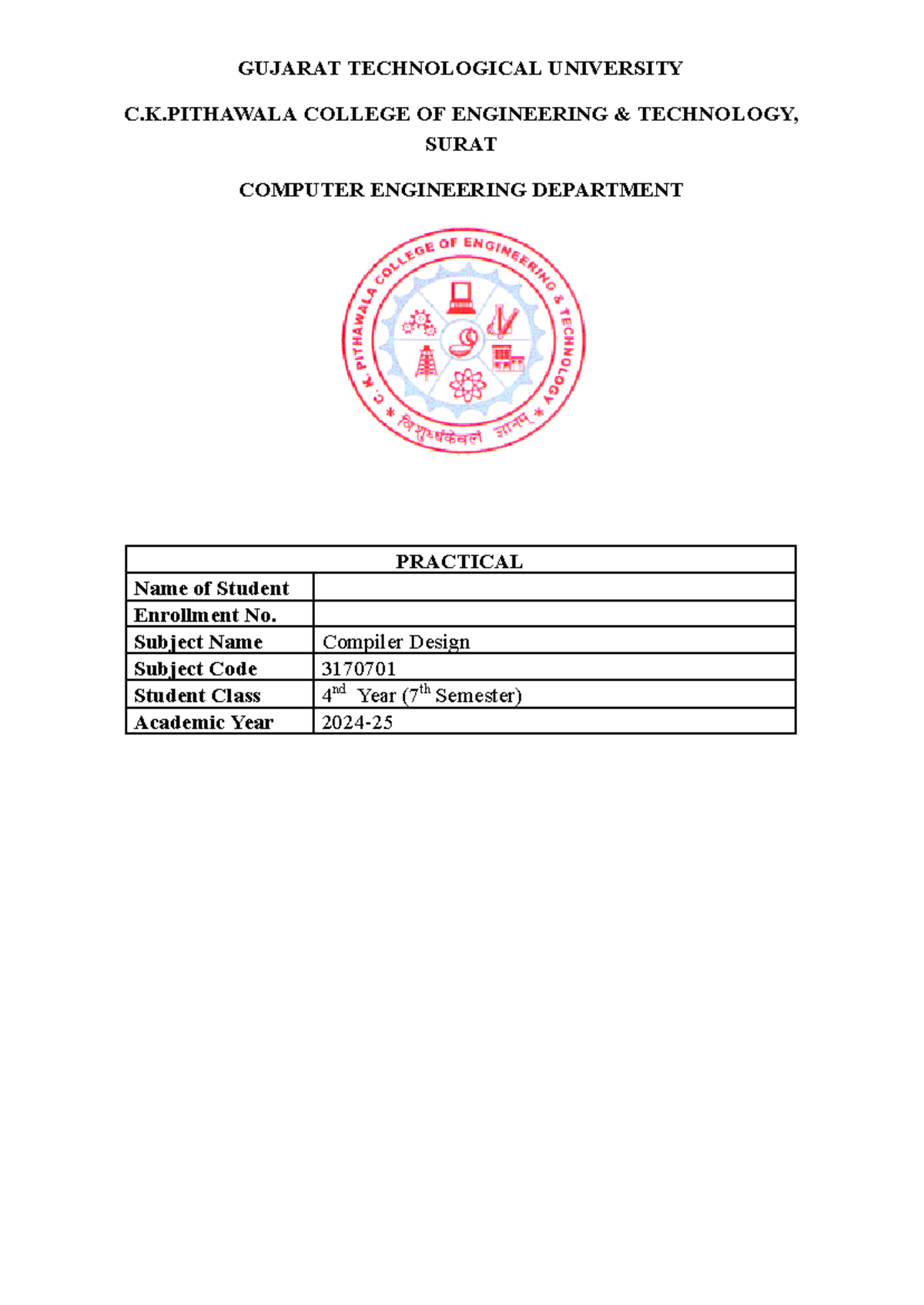 Compiler Design Practical List 2024-25 (3170701) for 4th Year Students ...