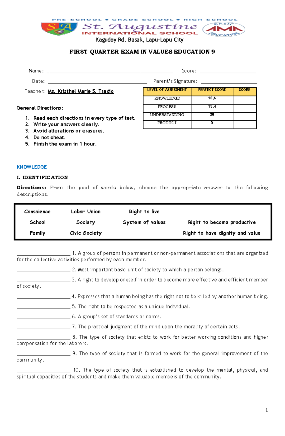 First Quarter Exam in Values Education 9: Knowledge and Assessment ...