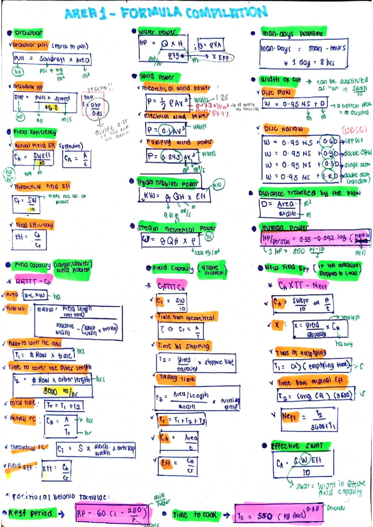 AREA1 - Formula Compilation for Drawbar Power Calculations - Studocu