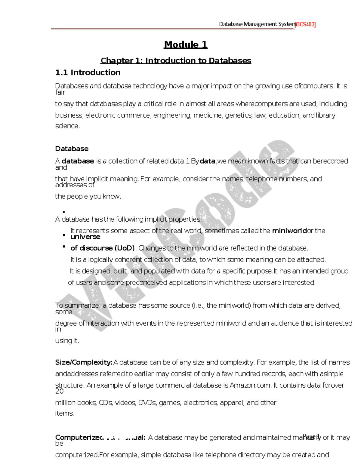 BCS403 Module 1: Intro to Databases and Their Characteristics - Studocu