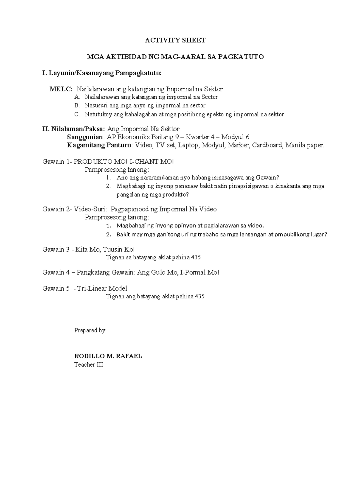 ACTIVITY SHEET: Impormal na Sektor (AP Ekonomiks Baitang 9) - Studocu