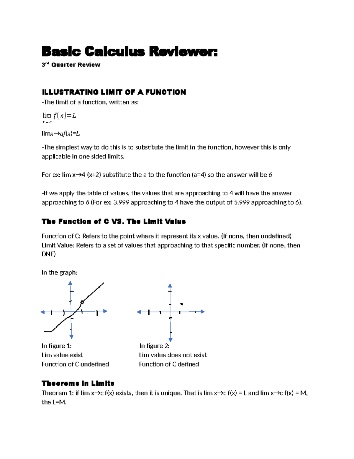Basic Calculus Reviewer: 3rd Quarter Limits and Functions - Studocu