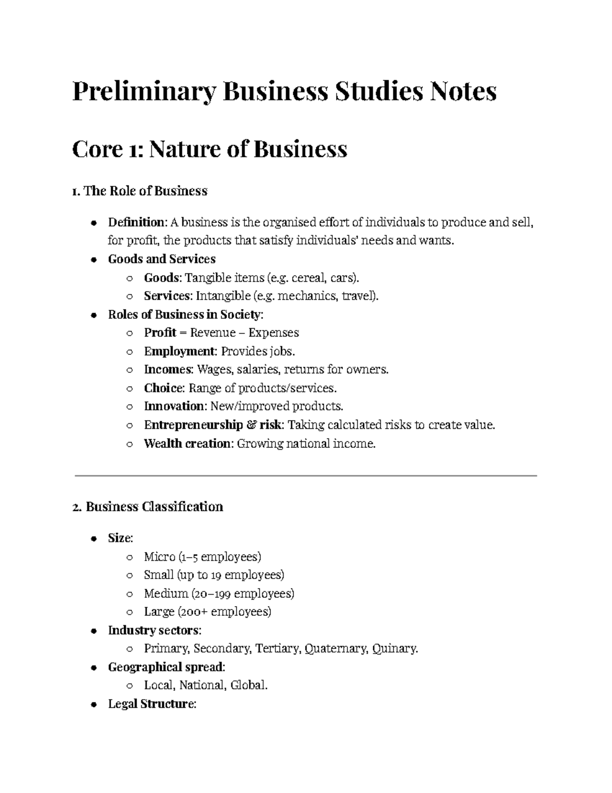 Yr 11 Business Studies Notes: Core 1 - Nature of Business Summary - Studocu