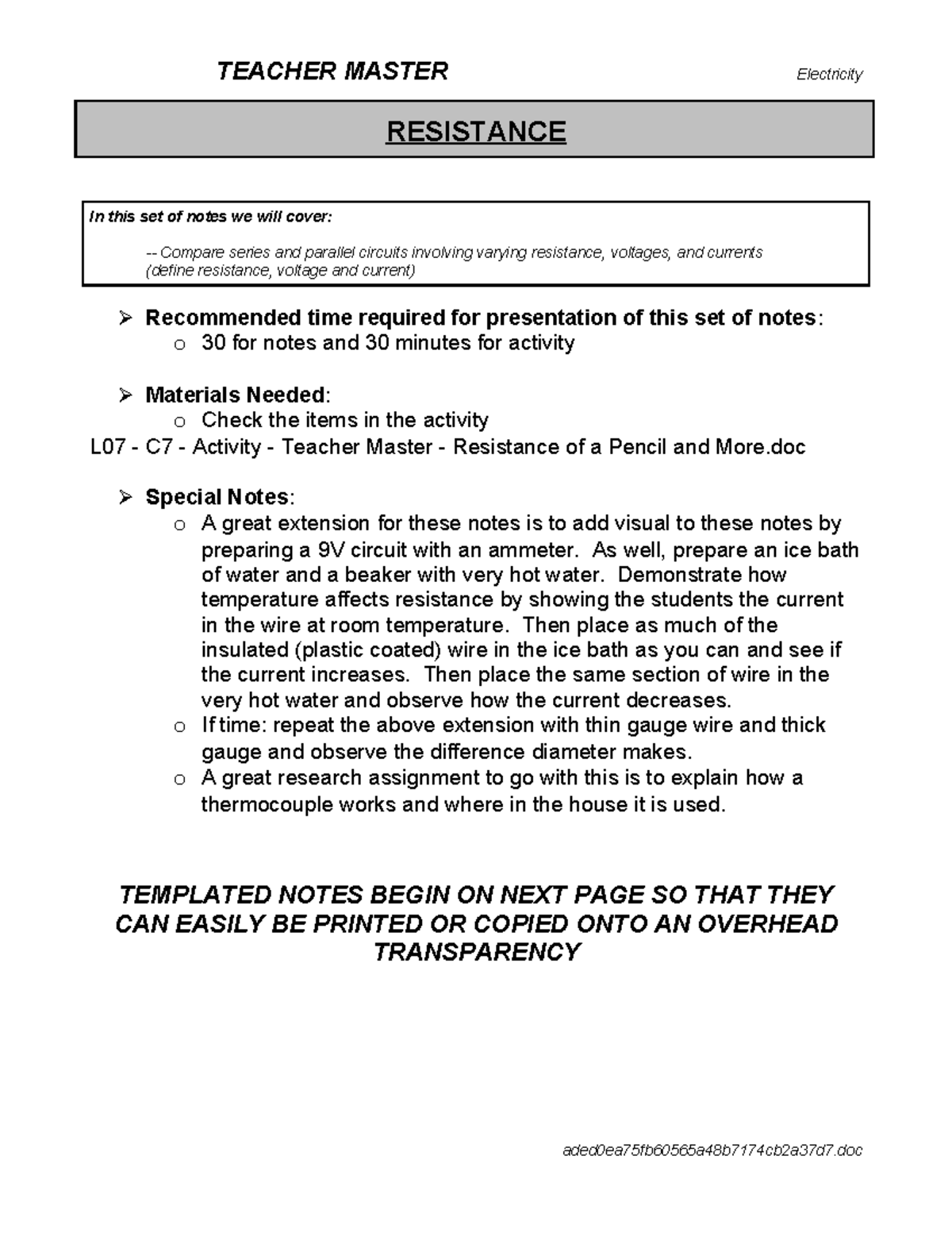 L07 C7 Teacher Master Notes on Electricity Resistance Concepts - Studocu