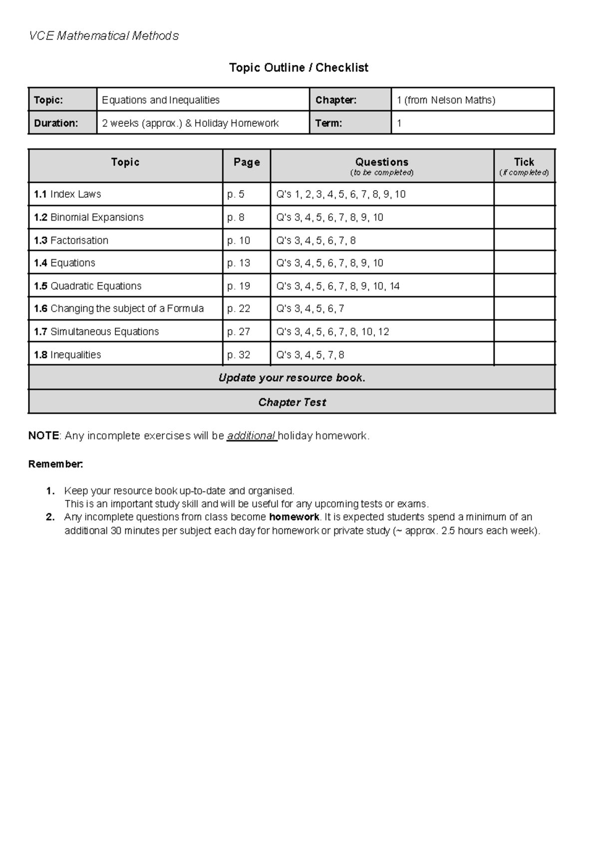 MM VCE Maths Methods Unit 1 Chap 1 Ques Checklist (Nelson) - Studocu