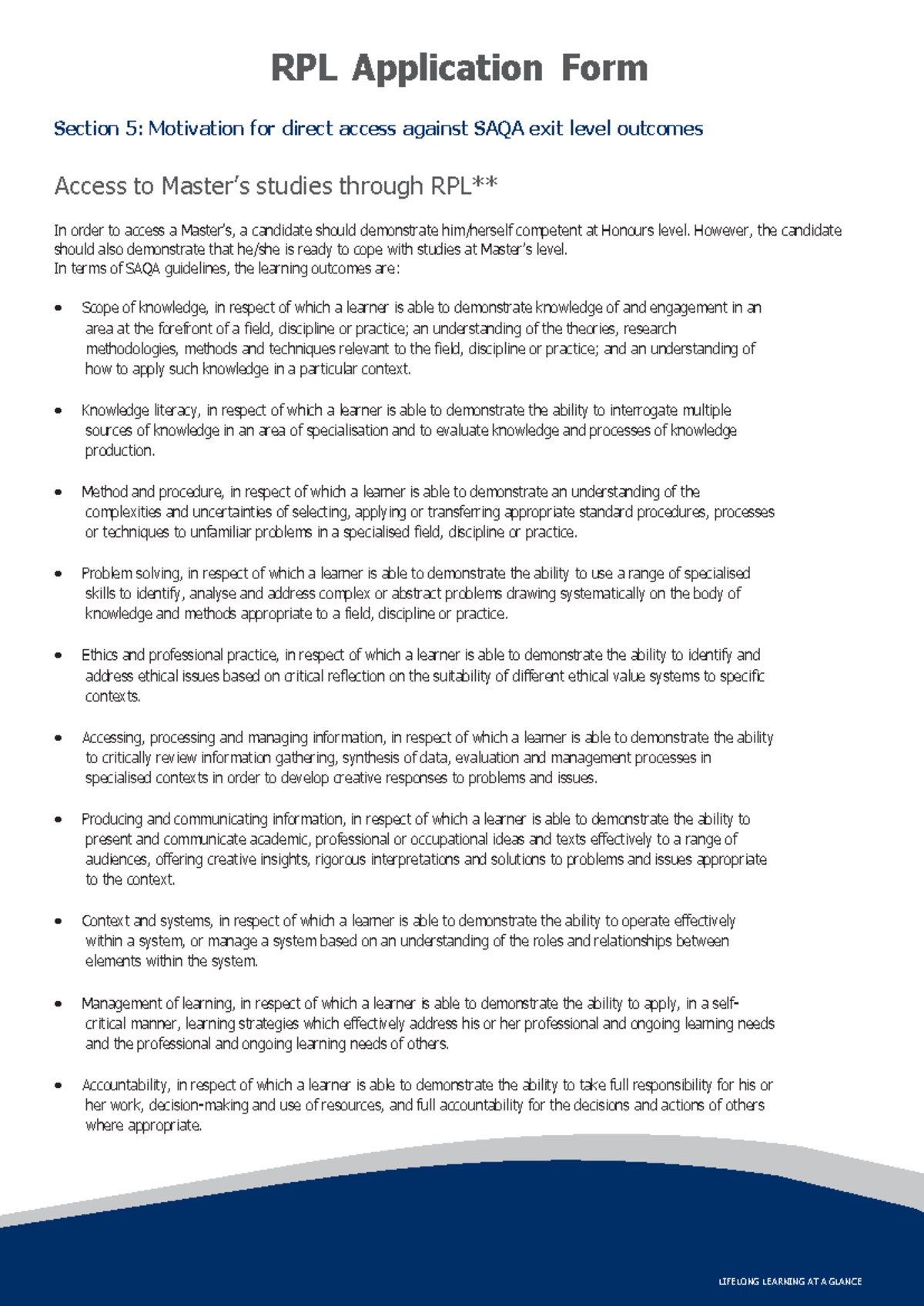 RPL for Master’s Access: SAQA Exit-Level Outcomes Explained - Studocu