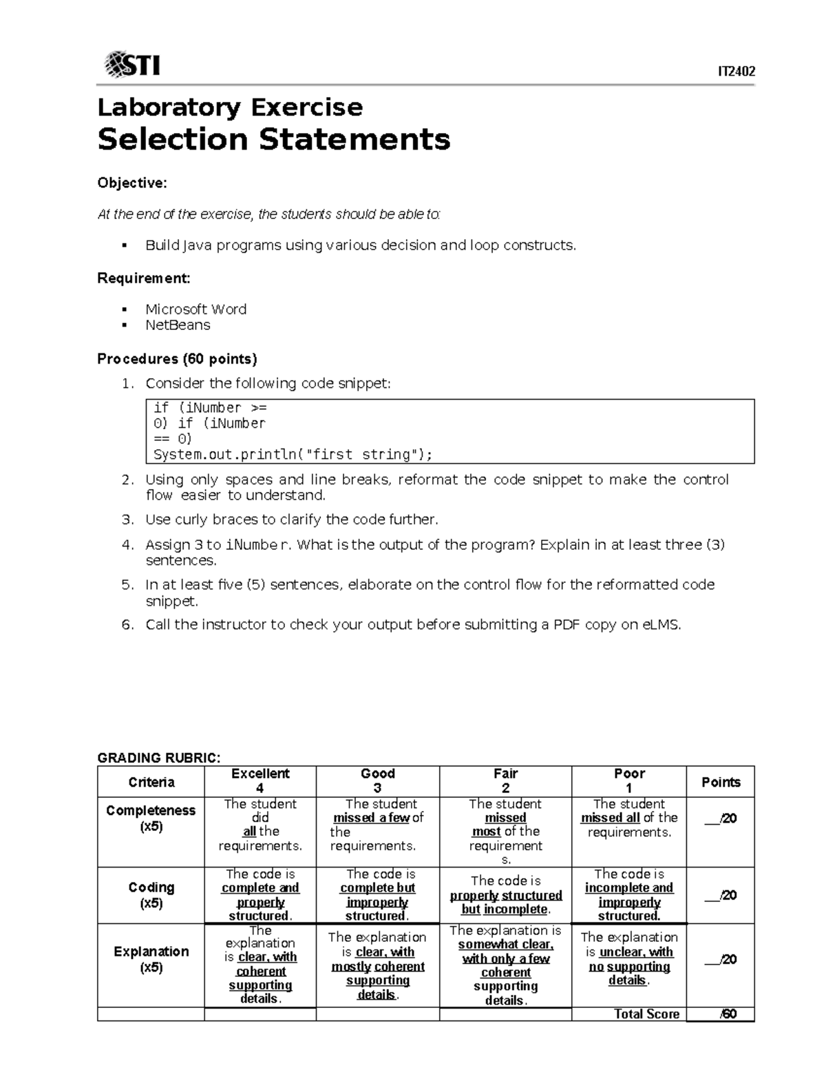 06 IT Laboratory Exercise 1: Understanding Selection Statements - Studocu