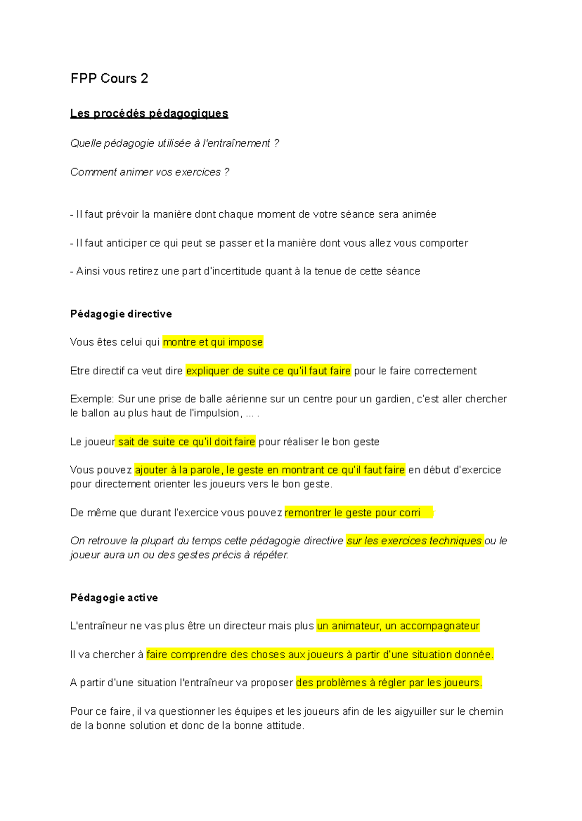 FPP Cours 2: Pédagogies Actives et Directives en Animation - Studocu