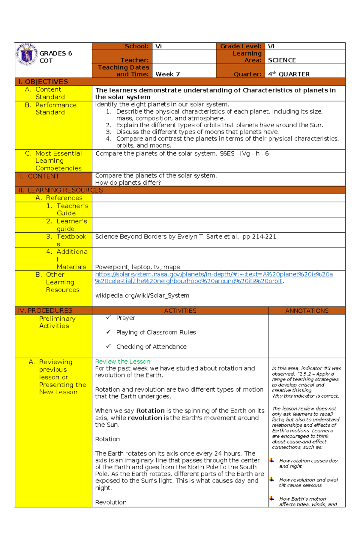 Science 6 - Lesson Plan: Exploring the Solar System and Planet ...
