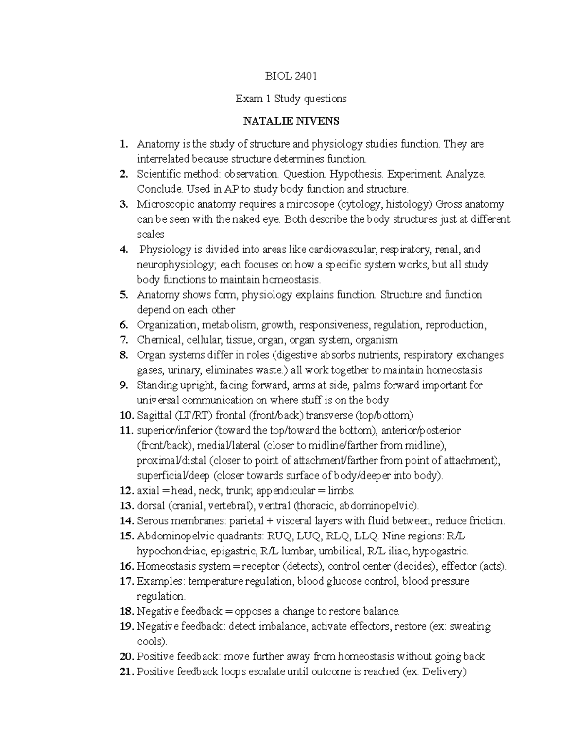 BIOL 2401 Exam 1 Study Guide: Key Concepts and Questions - Studocu
