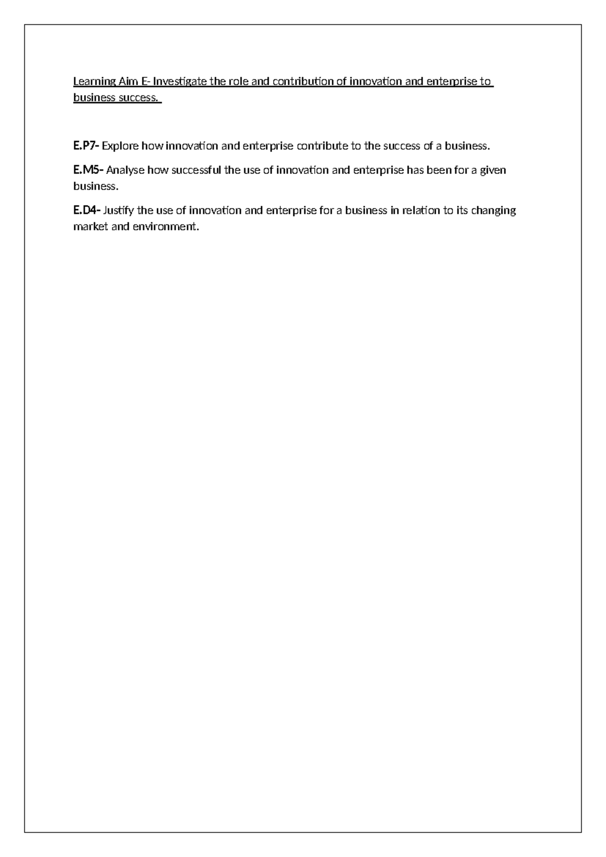 The Role of Innovation & Enterprise in Business Success (Learning Aim E ...