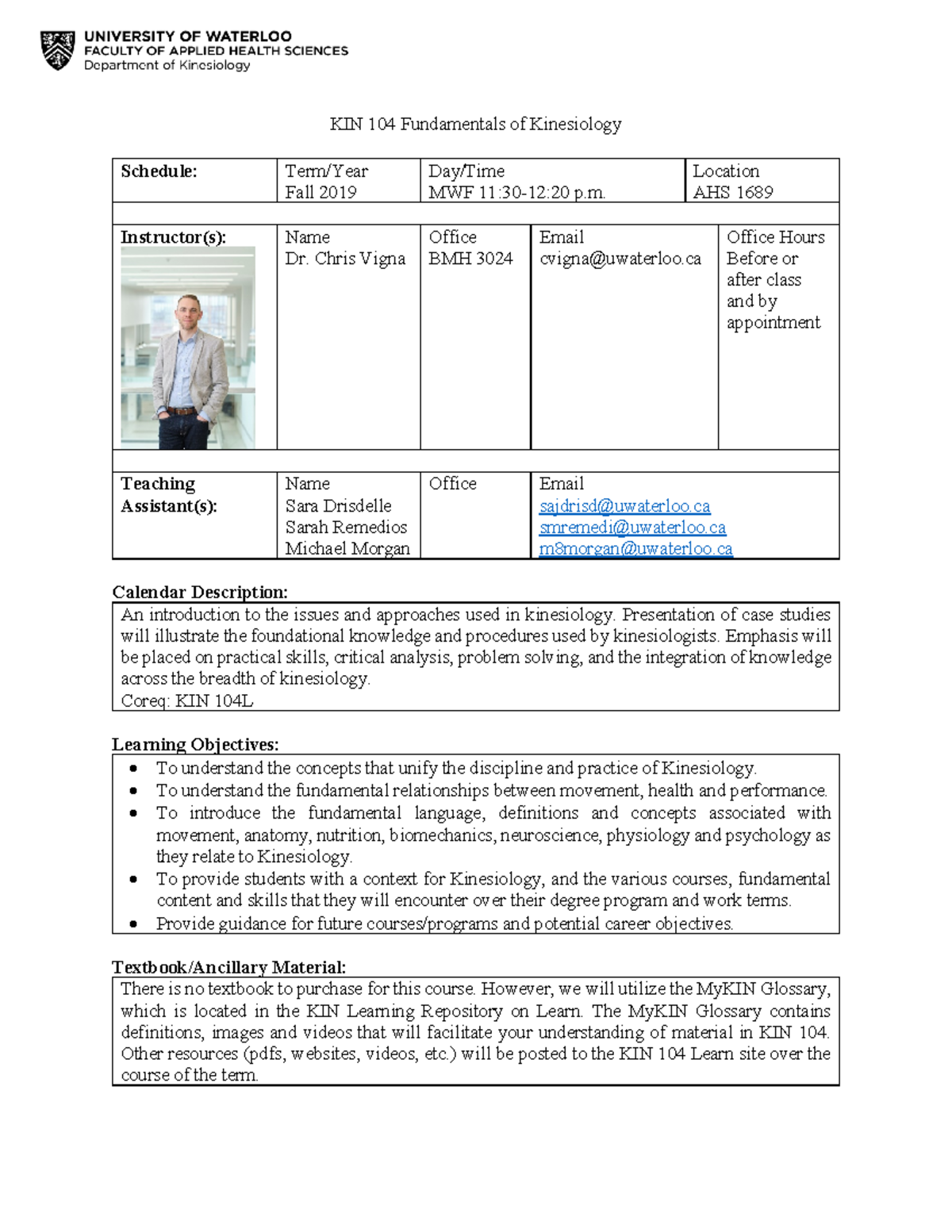 KIN 104 Syllabus - KIN 104 Fundamentals of Kinesiology Schedule: Term ...
