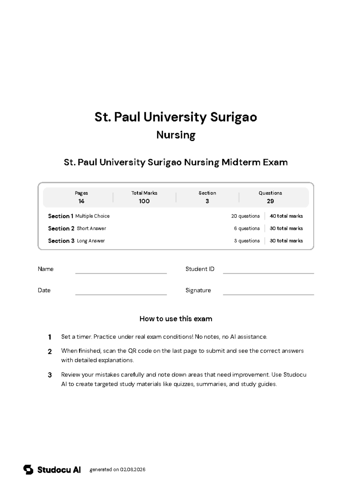 St. Paul University Surigao Nursing Midterm Exam - Studocu