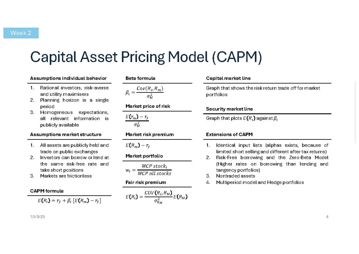 Finance 2 W2 - Overview of CAPM Assumptions and Beta Formula - Studeersnel