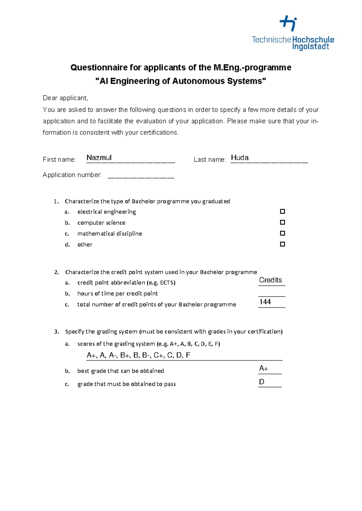 Engineering of Autonomous Systems Application Questionnaire - Studocu