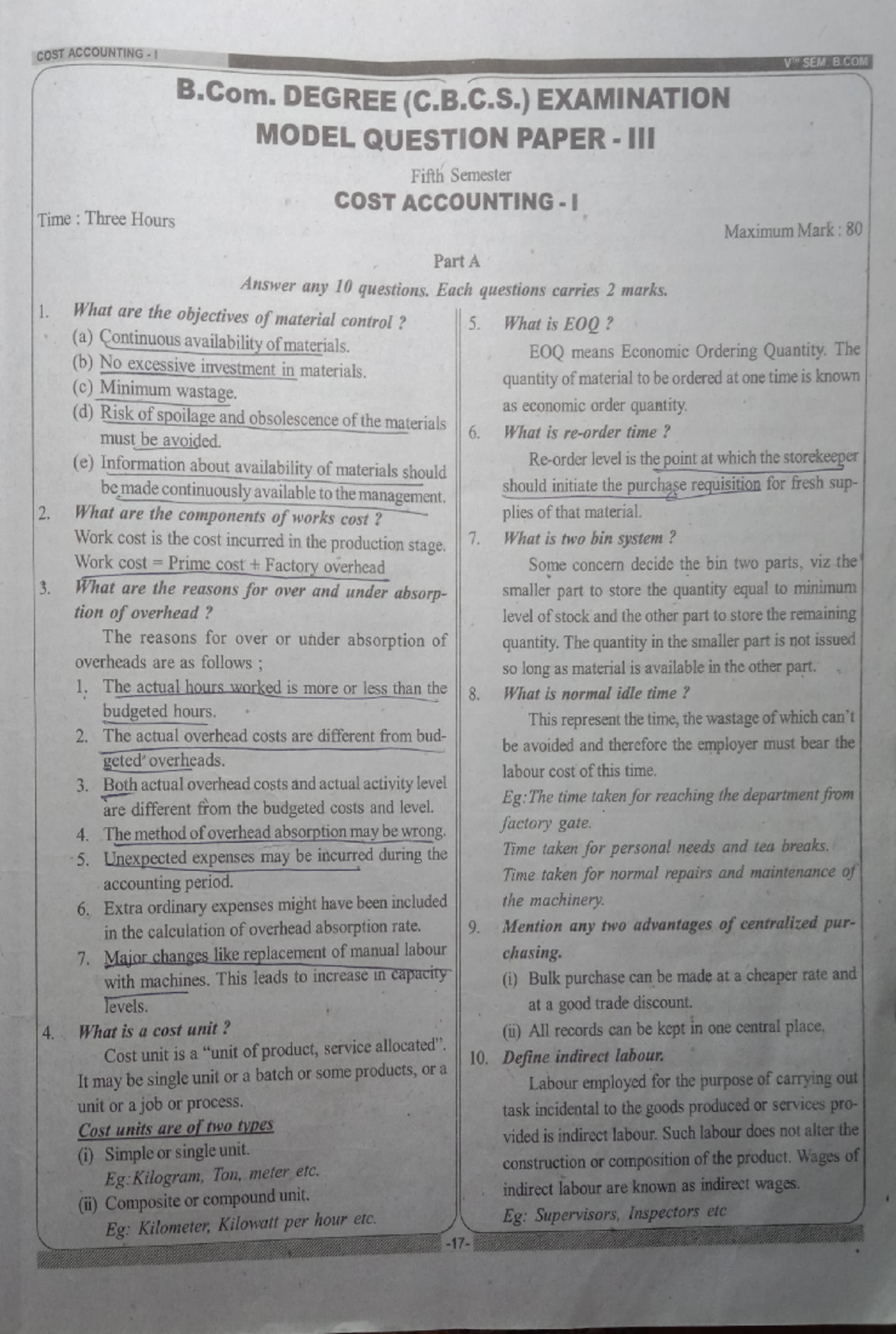 Cost Accounting 3 - Practice Model Questions & Past Year Answers - Studocu