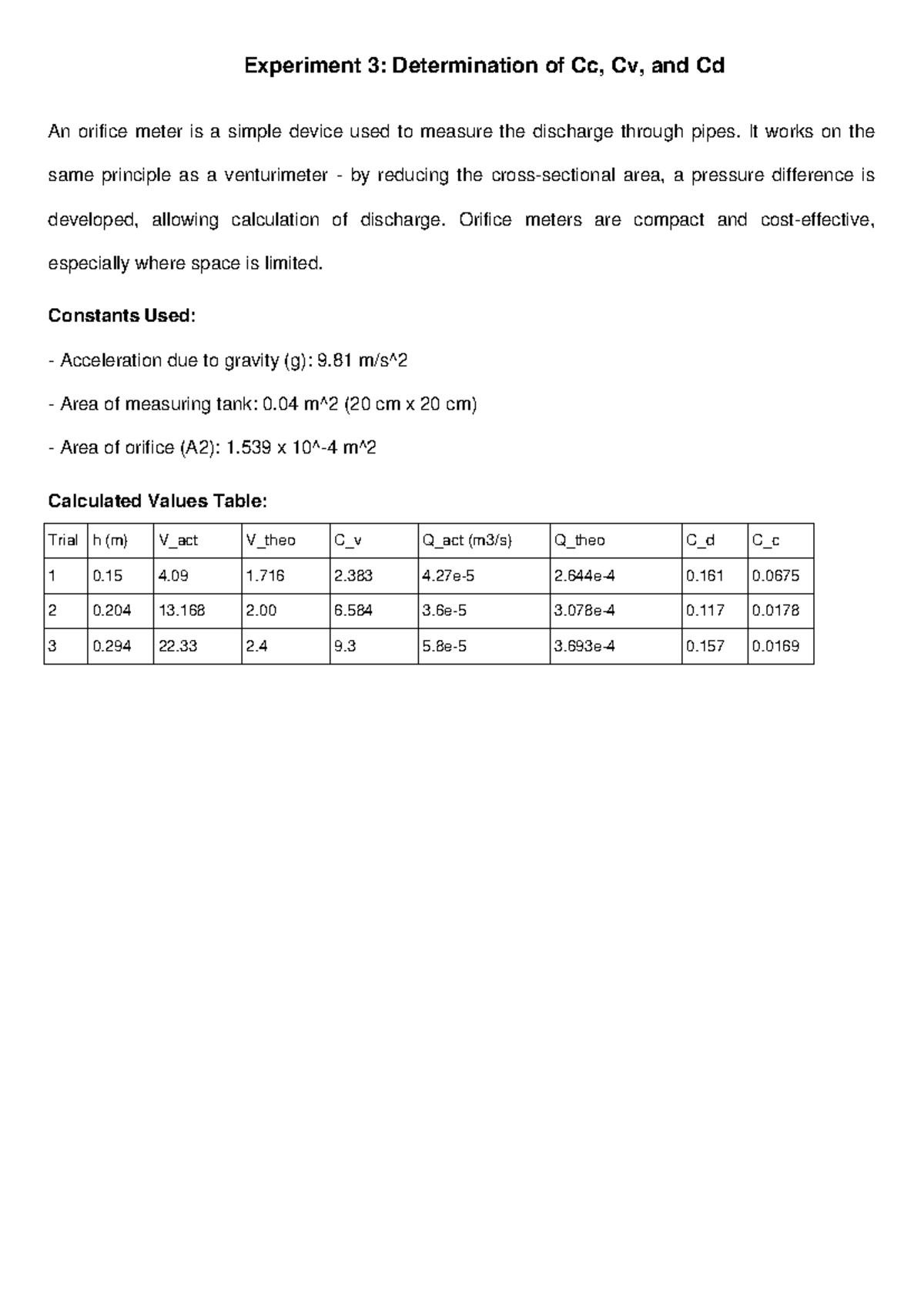 Orifice Meter Lab Report-2: Cc, Cv, and Cd Determination - Studocu