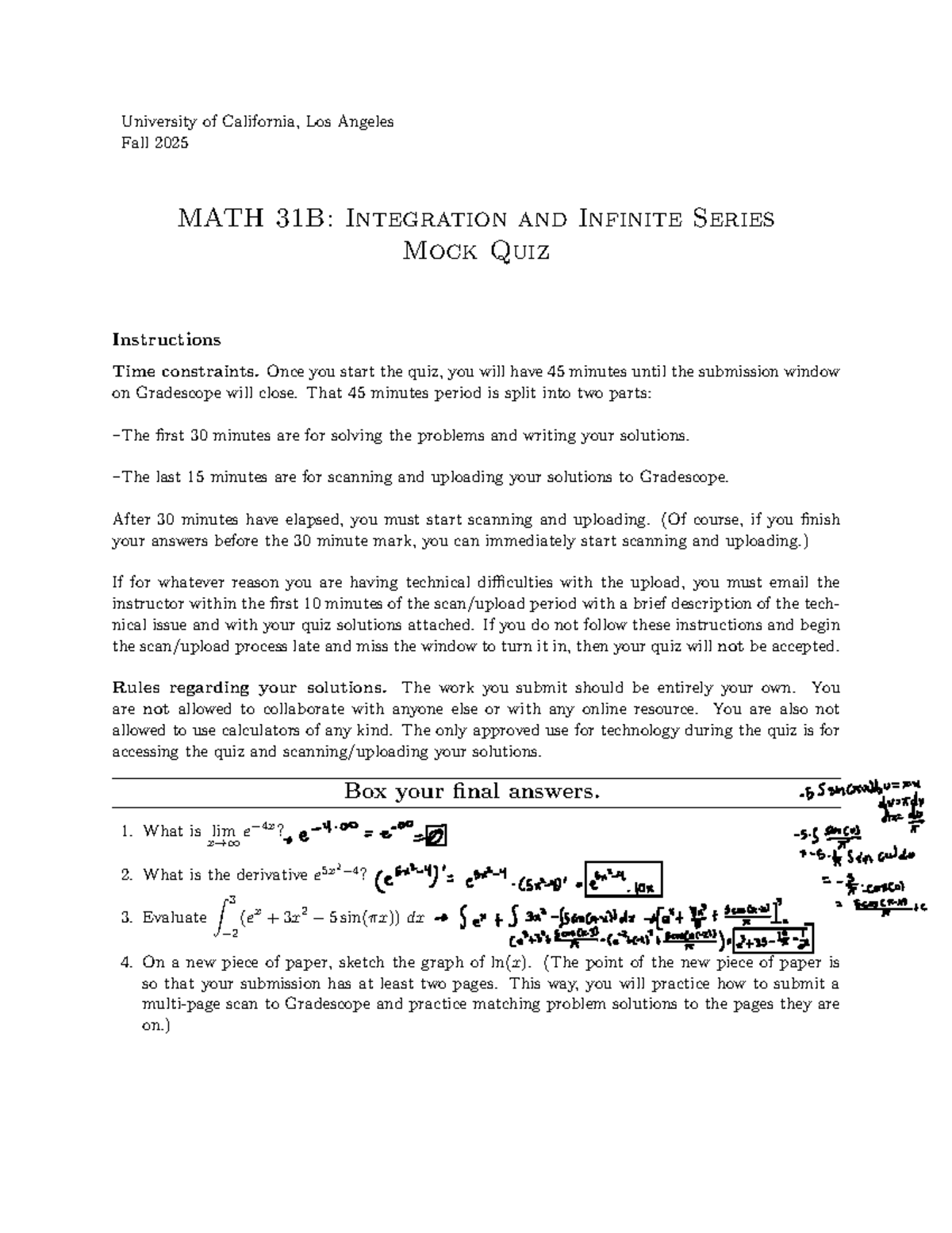 MATH 31B F25: Integration & Infinite Series Mock Quiz Guide - Studocu