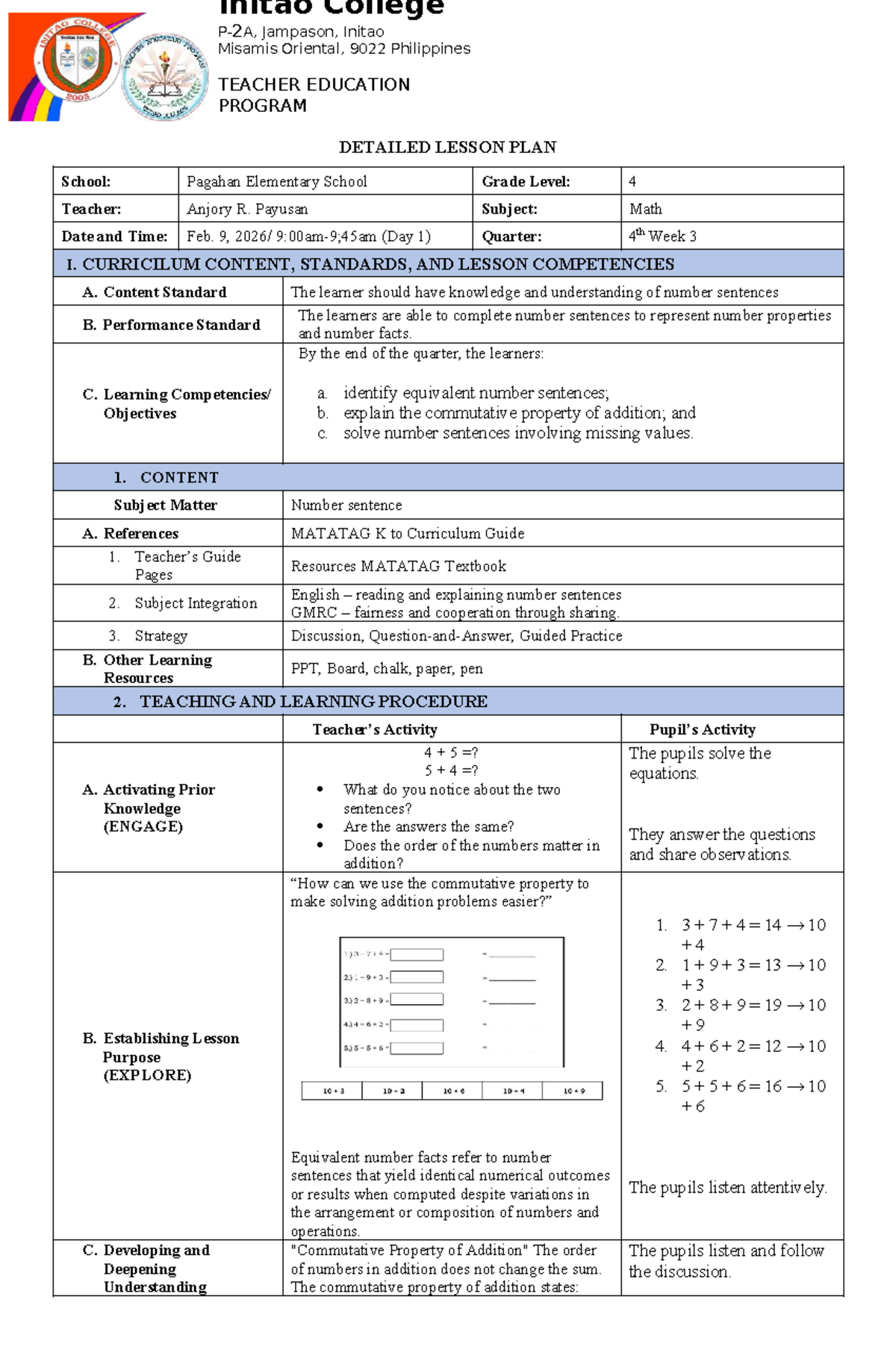 MATH 4 - Detailed Lesson Plan for Day 1 on Number Sentences - Studocu