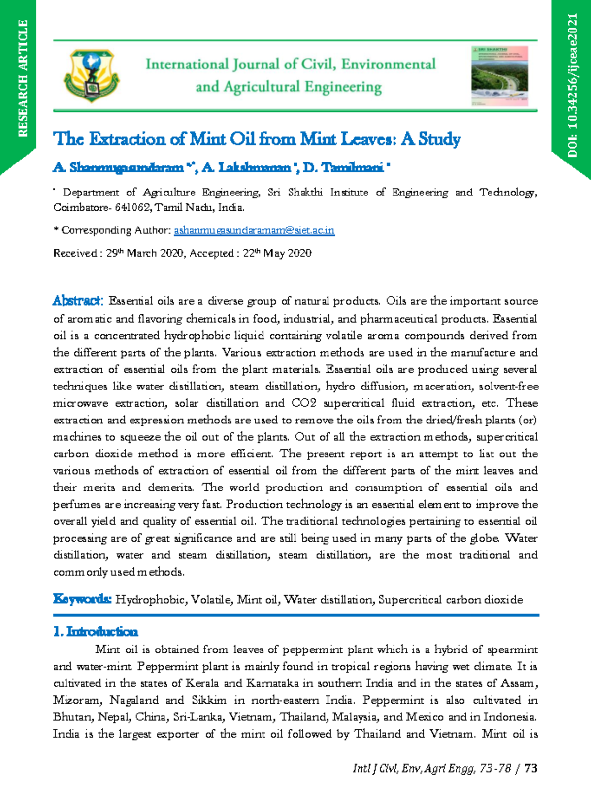 Extraction Methods and Analysis of Mint Oil: A Study (Intl J Civl, Env ...