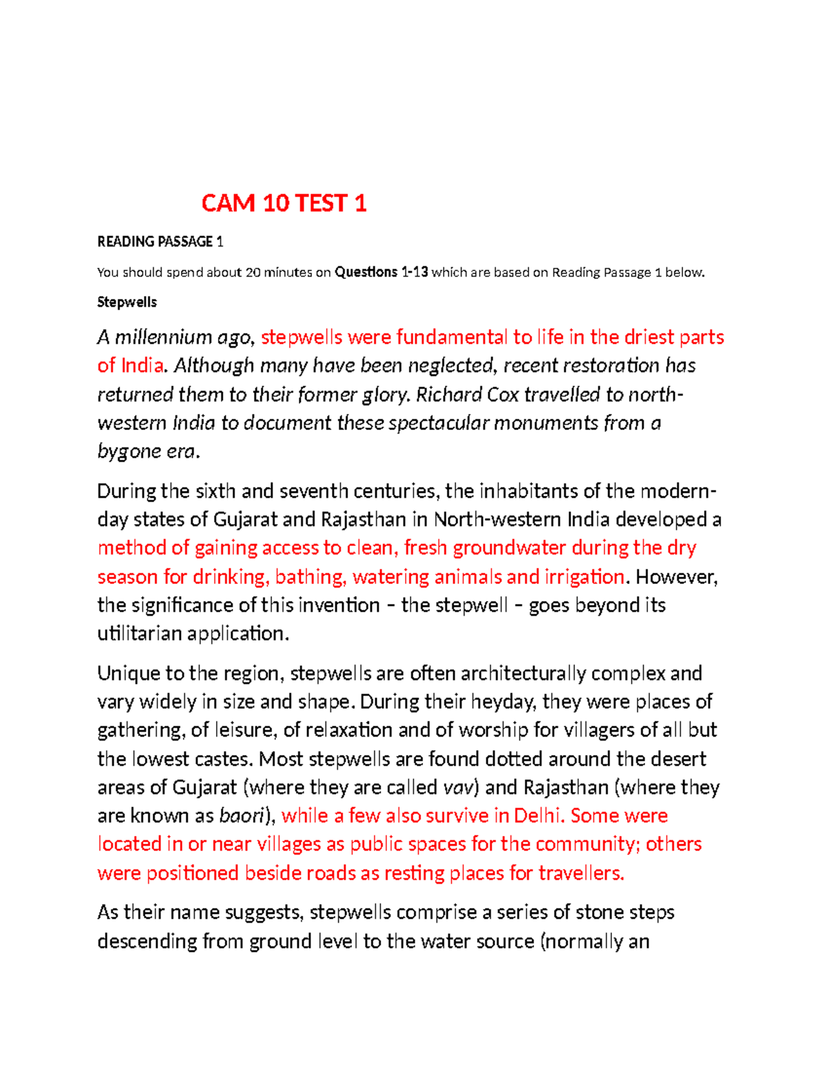 CAM 10 TEST 1 READING PASSAGE 1: The Significance of Stepwells in India ...