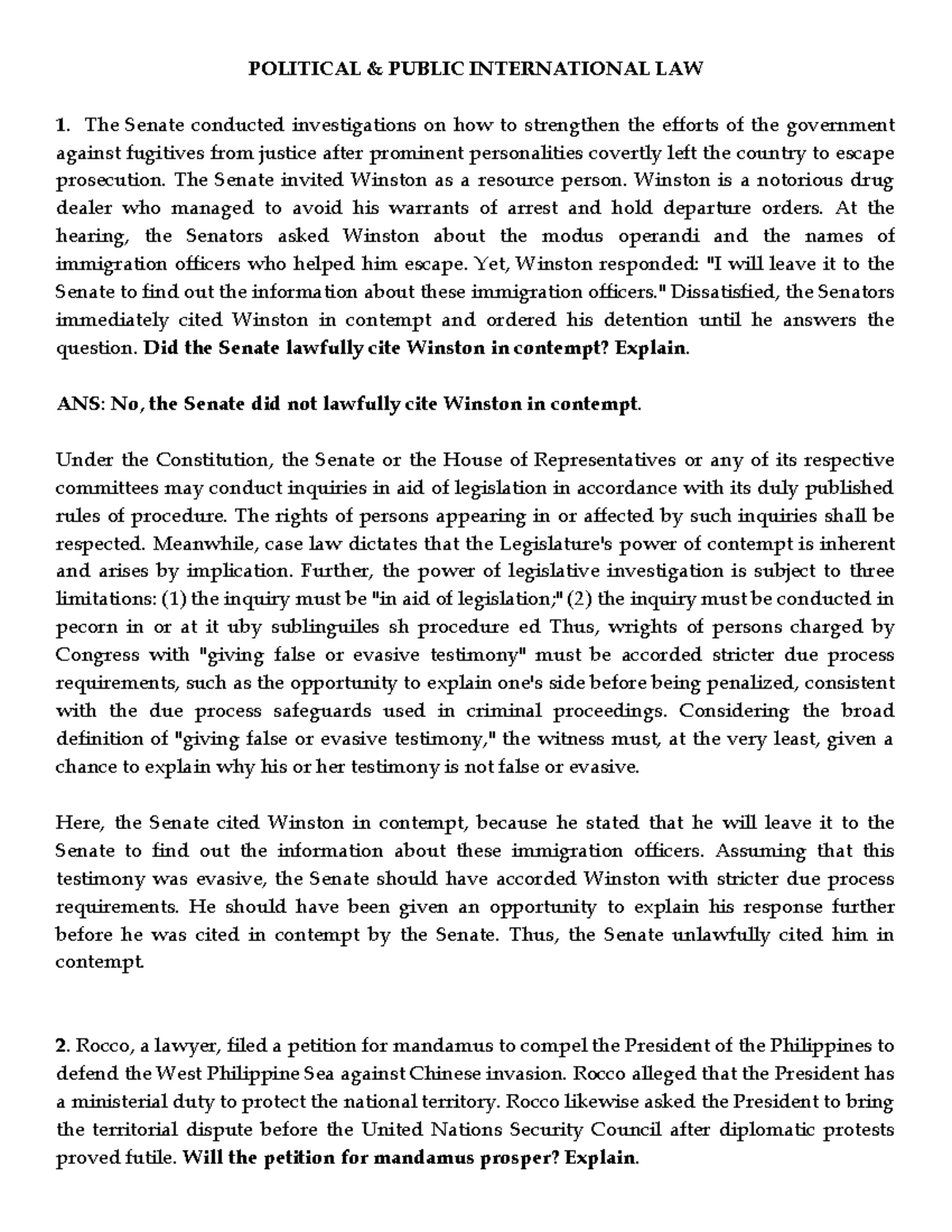Political Public International Law 1: Senate Contempt, Mandamus, and ...