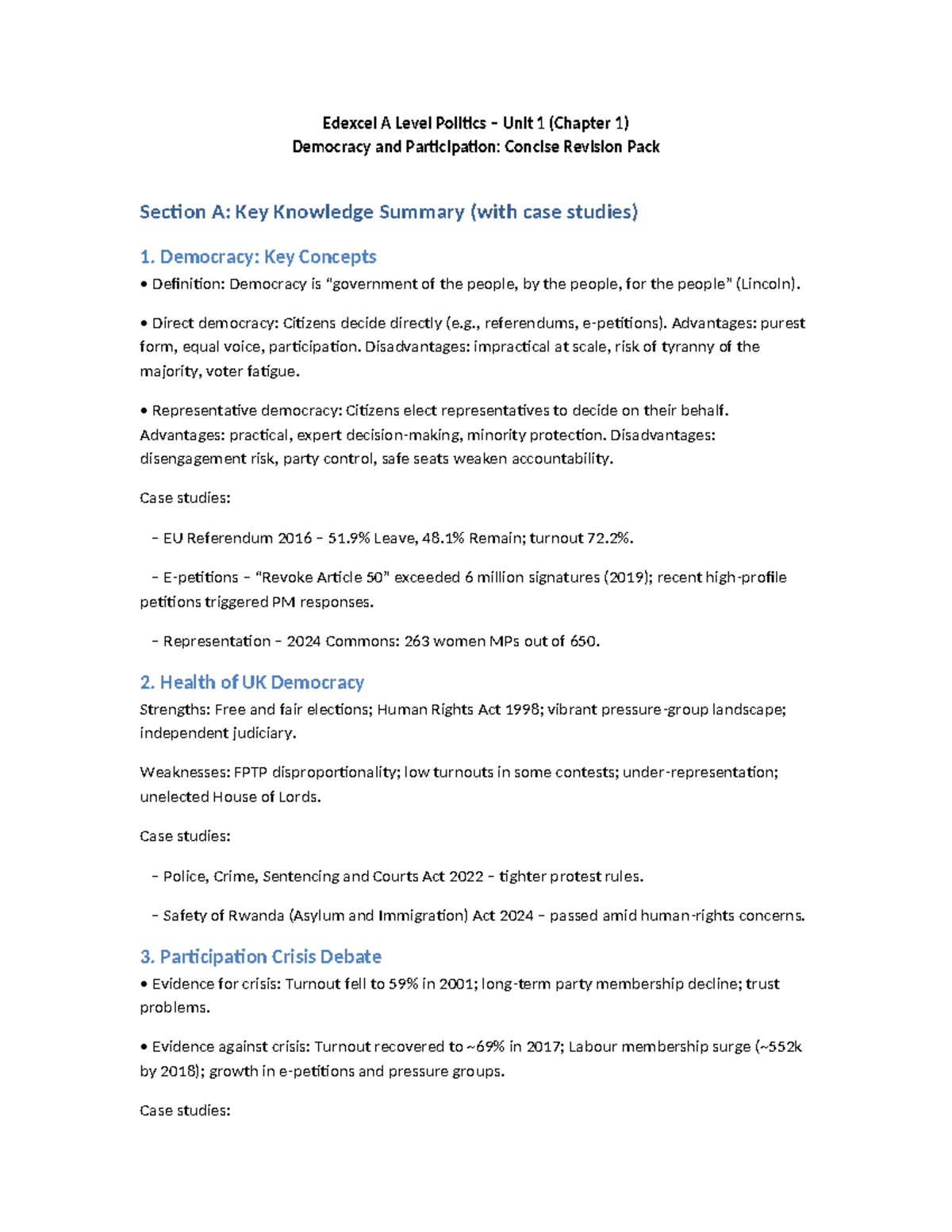 Edexcel A Level Politics Unit 1: Democracy & Participation Revision ...