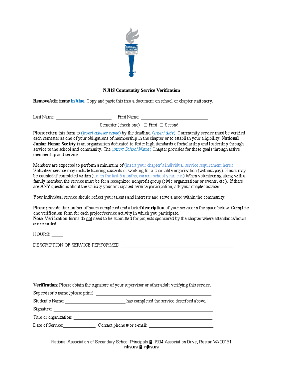 NJHS Community Service Verification Form - Studocu