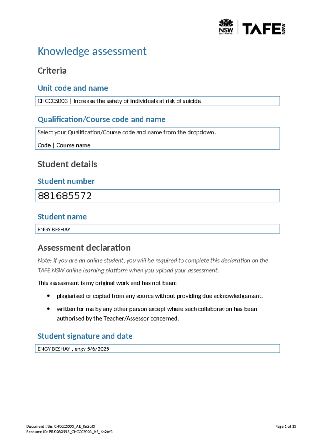 CHCCCS 003 Final Exam: Suicide Risk Assessment and Safety Strategies ...