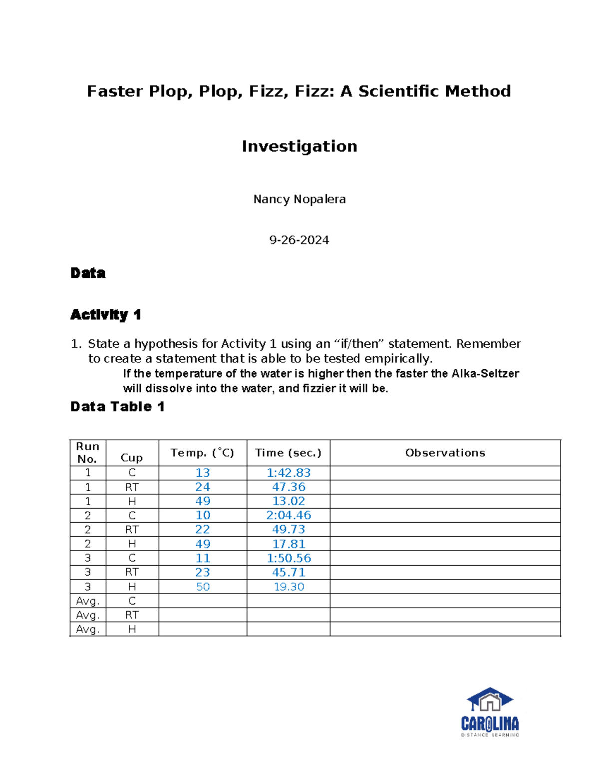 580102 Scientific Method Lab Report: Alka-Seltzer Dissolution Analysis ...