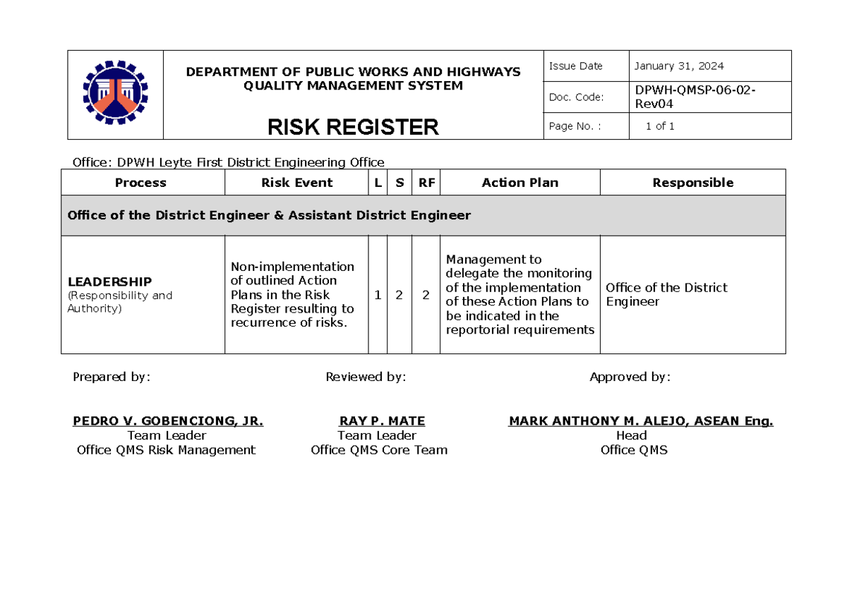 DPWH Leyte 1st District Engineering Office Quality Management System ...