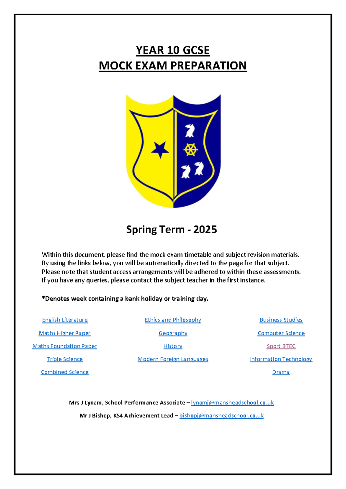 Year 10 GCSE Mock Exam Prep Guide - Spring Term 2025 - Studocu