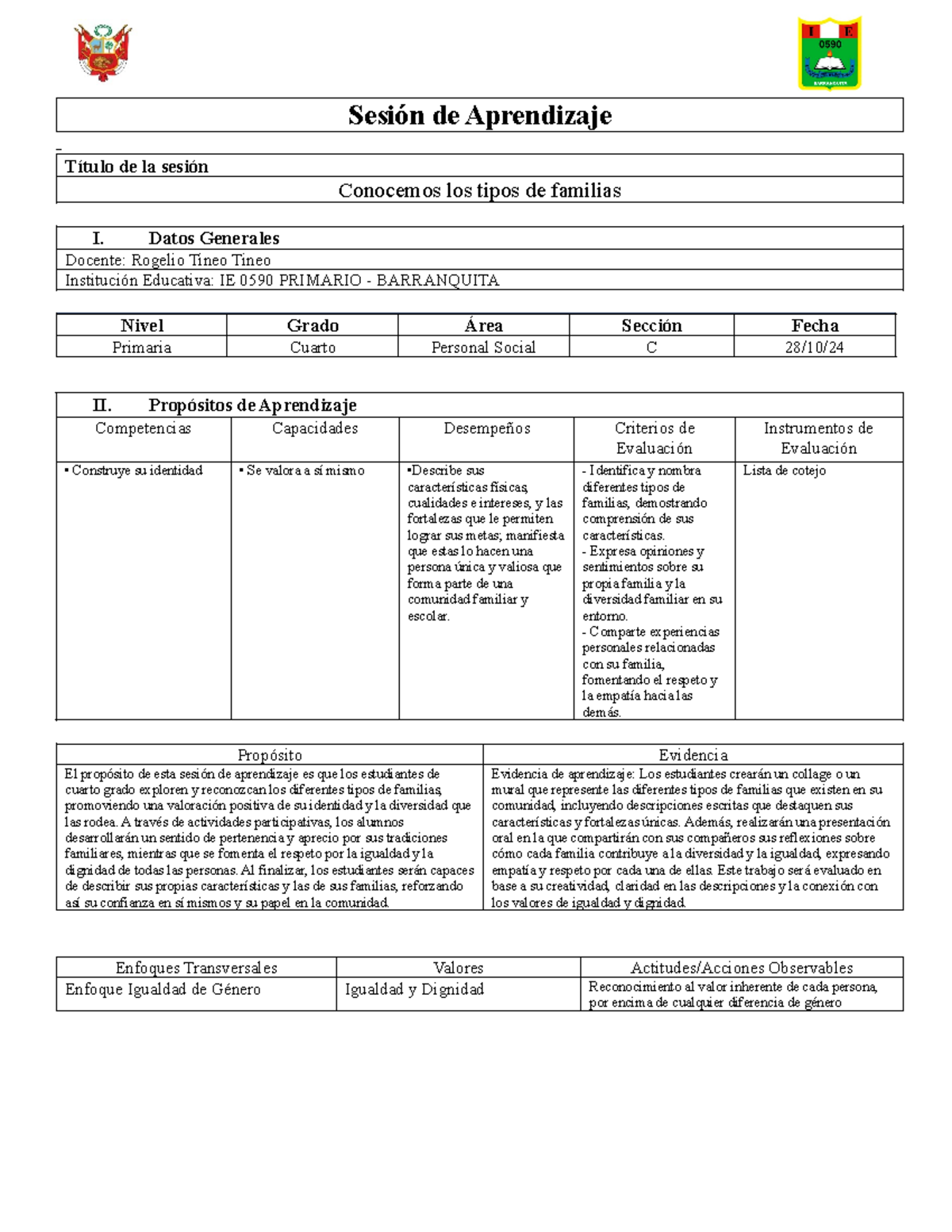 Conocemos los Tipos de Familias - Sesión Aprendizaje 4to Grado 28-10-2024 - Document Preview