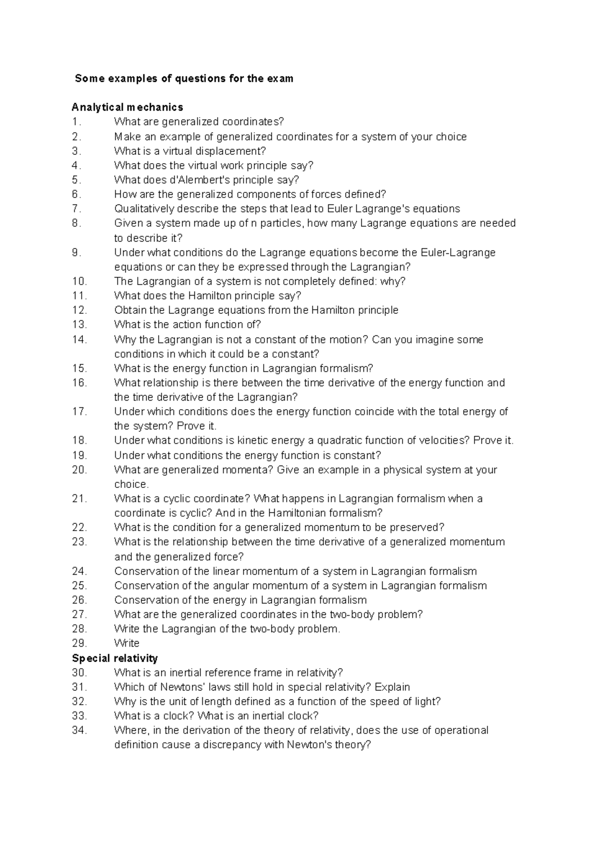 Examples of Exam Questions for Analytical Mechanics (33866766) - Studocu