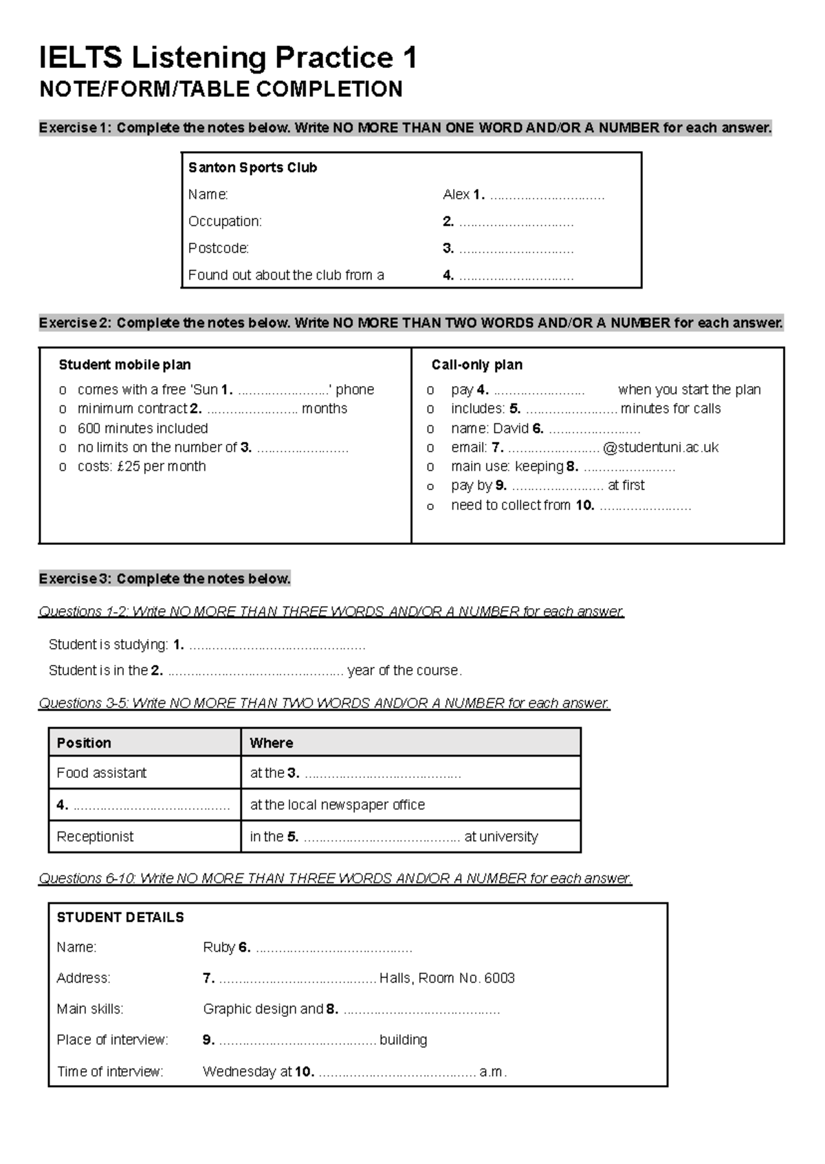 IELTS Listening Practice 1: Completion Exercises and Notes - Studocu